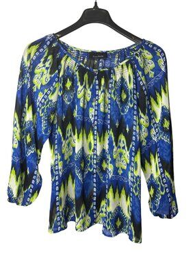 Evan-Picone Womens Sheer Button Front Blouse Top 14 Abstract Blue Green White